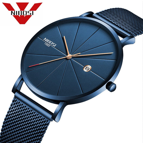 NIBOSI Men Blue Stainless Steel Ultra Thin Watches